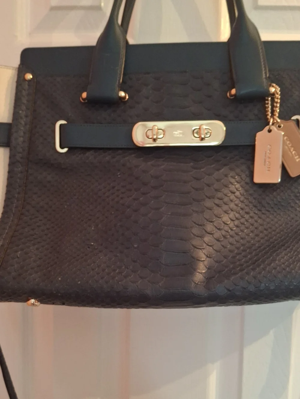 Coach Navy Tan Faux-Snake Leather Satchel with Gold Tags